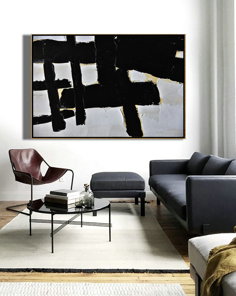 Big Canvas Painting,Horizontal Palette Knife Minimal Canvas Art Painting Black White Beige - Abstract Art Decor Large Canvas Painting
